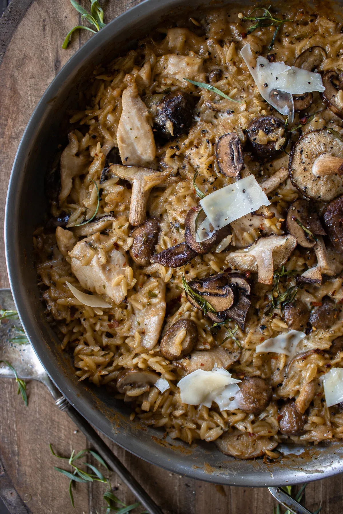 Close angled view of the chicken and mushroom orzo skillet