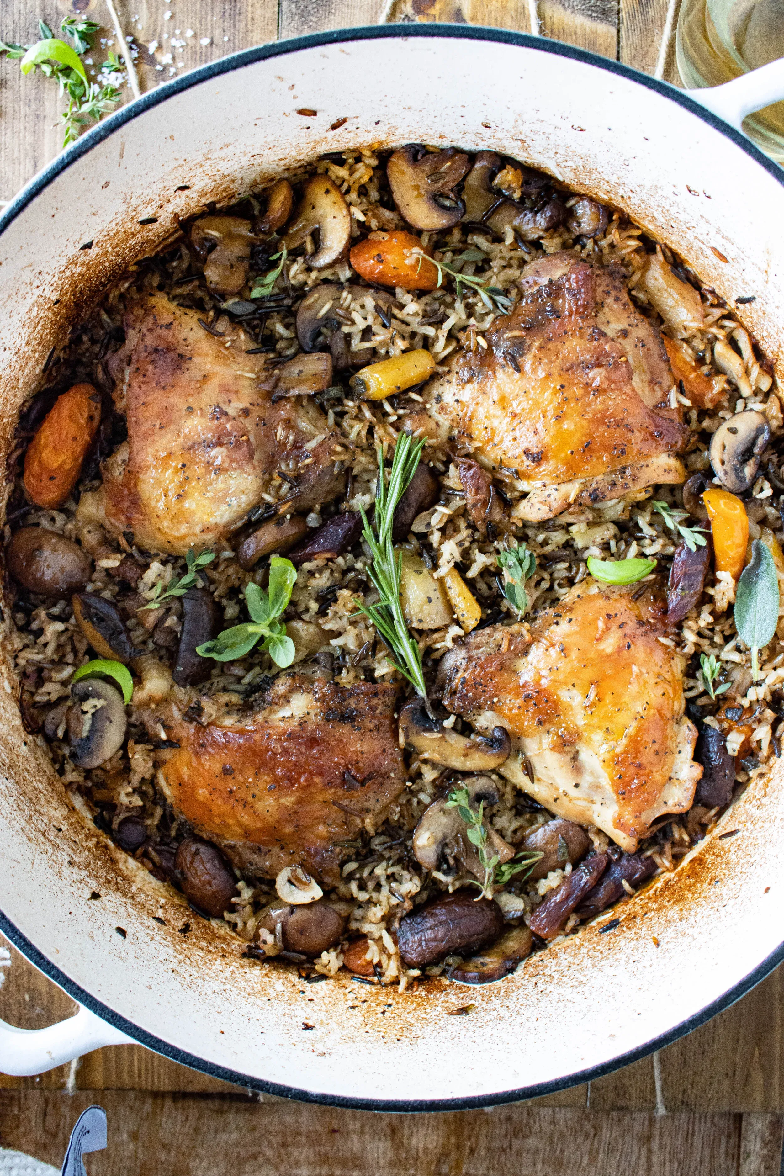 Overhead close view of the finished one pot wild rice chicken pilaf without a spoon