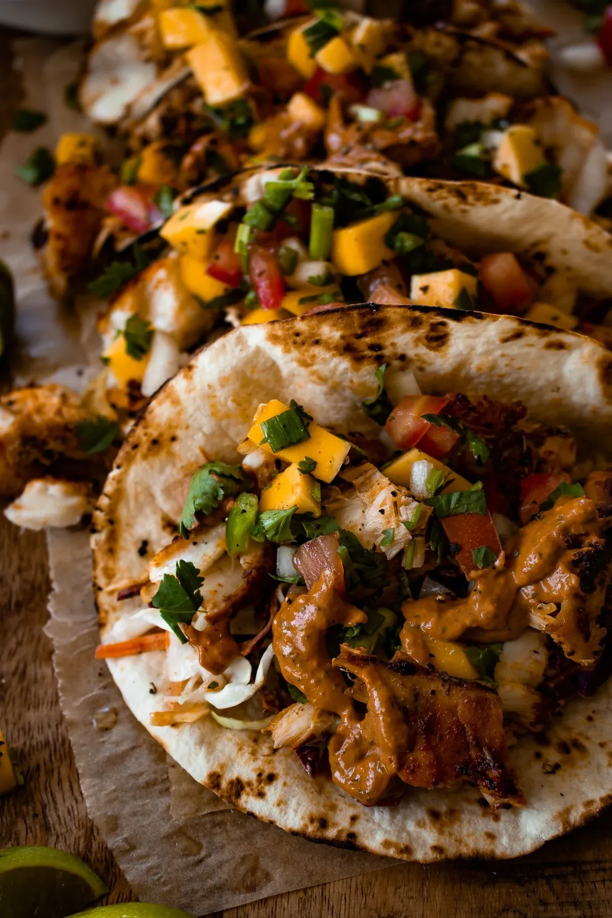 Angled close-up of two assembled Caribbean fish tacos in the foreground on parchment paper