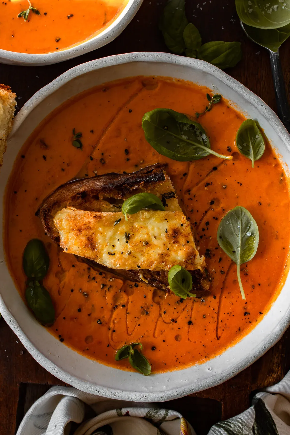 Close overhead view of One Pot Roasted Tomato and Herb Soup with Halloumi Toast in a white ceramic bowl on a dark wood surface