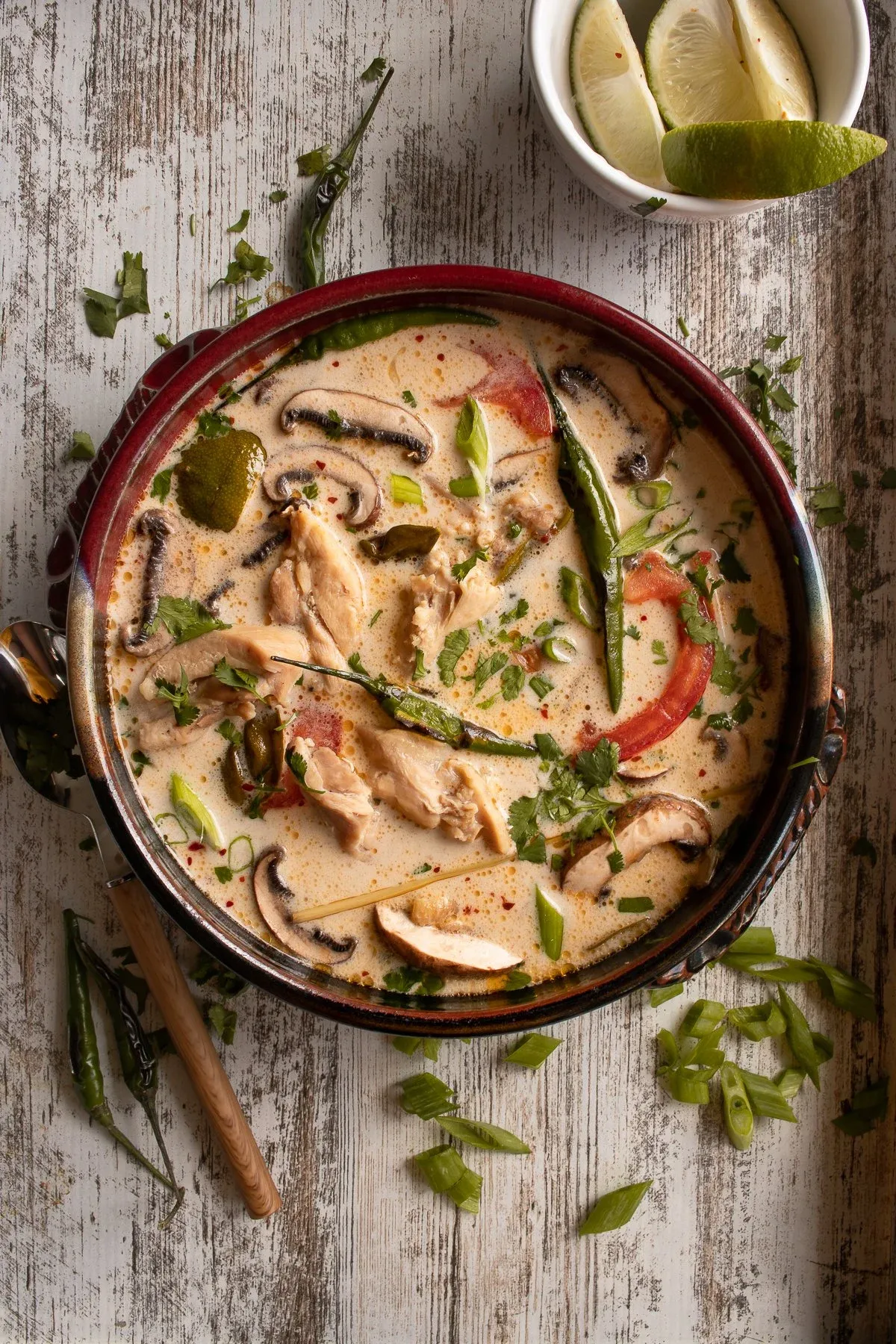 Tom Kha Gai (Thai Coconut Chicken Soup) in a large shallow copper pan with dark red rim